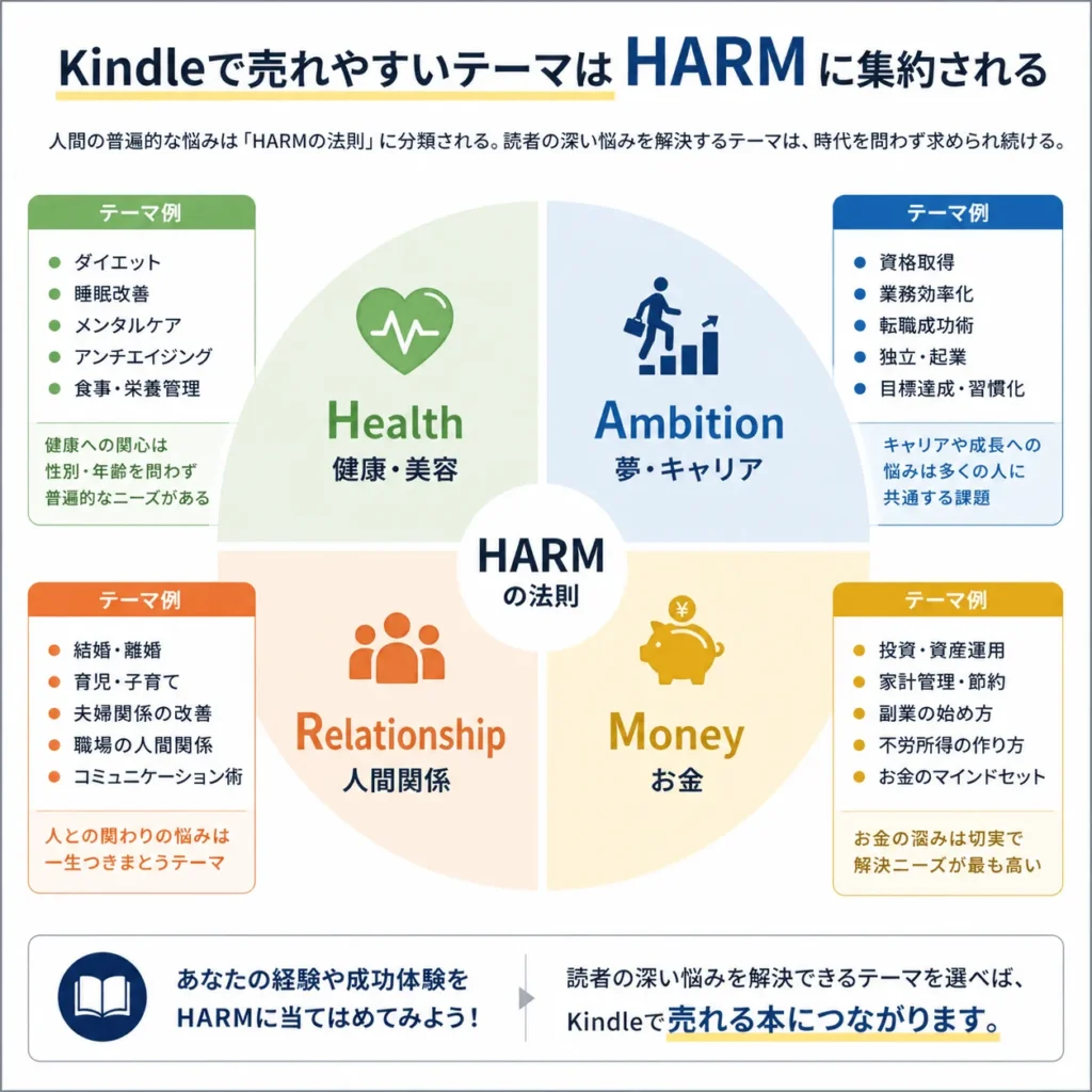 Kindleで売れるジャンルをHARMの法則で分類した図